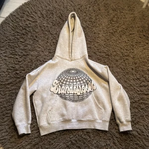 Gråvit hoodie från Brand of Roses®️ - Snygg ljusgrå hoodie från Brand of Roses i storlek XS. Stor svartvit glob-grafik och logga framtill, klassisk känguruficka och huva. Mjuk insida och boxy passform, Materialet är bomullsmix. Tröjan är även knappt använd och är ungefär som ny🤗