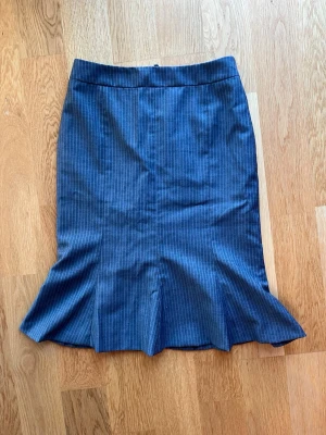 Lådmidjad midikjol från dolzer - Kjol i kontorsstil från Dolzer. Köpt second hand men i superfint skick, inte hittat några skavanker. Stängs med en dragkedja baktill och knäpps även med en knapp. Kjolen är grå med ljusblå ränder såväl som innerfoder. Den svänger även ”ut” nedtill. Hittar ingen storlek men uppskattar att kjolen är en XS.  Midjemått: 35cm  Kjollängd: ca 61,5cm