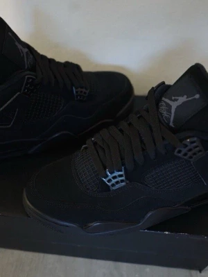 Nike Air Jordan 4 Retro Black Cat - Säljer ett par Nike Air Jordan 4 Retro Black Cat. Helt svarta sneakers i mocka och syntet med ikoniska meshpaneler, Jumpman-logga på plösen och hälen samt coola detaljer i plast. Klassisk siluett med snörning och platt sula. Perfekta för dig som gillar stilrena och tidlösa sneakers.