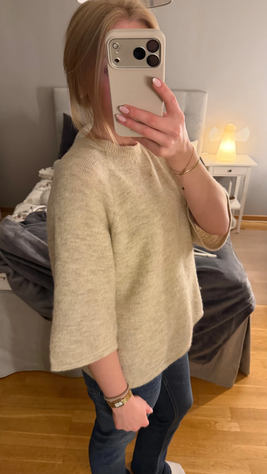 Beige stickad tröja med trekvartsärm - 2