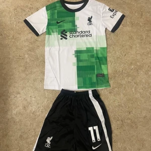 Liverpool Salah fotbollströja Nike - Liverpool FC fotbollströja med M. Salah och nummer 11 på ryggen. Tröjan är vit med gröna grafiska detaljer, svarta muddar och klubbmärke på bröstet. Kortärmad modell i lätt, ventilerande material. Nike-logga och sponsortryck på framsidan.