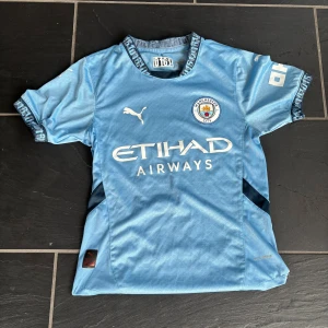 Manchester City matchtröja Puma - Manchester Citys officiella ljusblå matchtröja från Puma med klubbmärke på bröstet och Etihad Airways-tryck. Kortärmad modell i lätt och ventilerande polyester, med detaljer i marinblått och mönstrad krage. Perfekt för dig som vill representera City på läktaren eller planen.