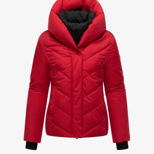 Röd pufferjacka från Marikoo - Säljer en röd pufferjacka från Marikoo med stor, mysig huva och svarta detaljer på insidan. Jackan har dragkedja och knappar framtill.  Perfekt för kalla dagar och enkel att styla med dina favoritkläder.