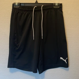 Svarta träningsshorts från Puma - Svarta shorts från Puma med vit logga på benet och vita snören i midjan. De har elastisk midja och är gjorda i ett lätt och mjukt syntetmaterial som passar perfekt för träning. Klassisk loose fit och stilren design.