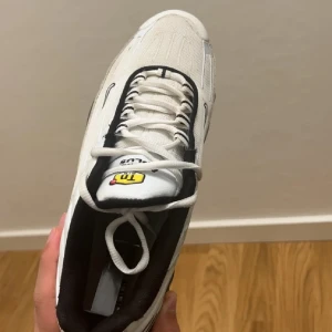 Nike Air Max TN sneakers - Nike Air Max Supreme x TN sneakers i vit och svart med coola detaljer och Supreme-logga på boxen. Skorna har snörning, platt sula och synlig Air Max-dämpning. Materialet är syntet och skinn, med en unik design på hälen och TN-logga på tungan.