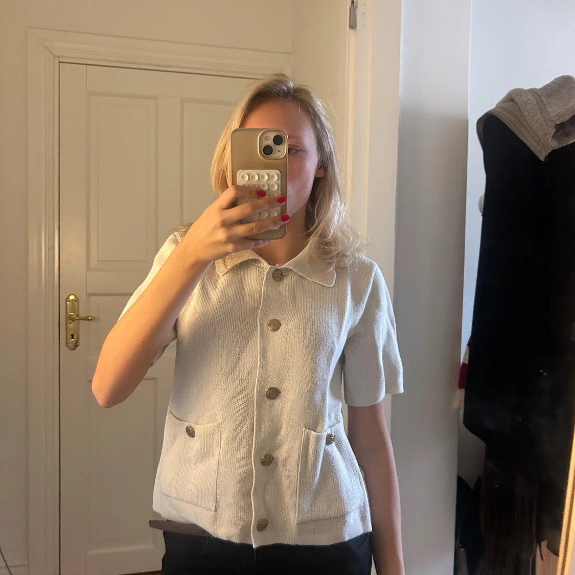 Vit stickad kofta med fickor💖 - 2