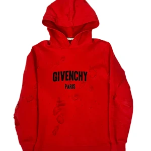GIVENCHY DISTRESSED HOODIE - GIVENCHY DISTRESSED HOODIE Märke: 	Givenchy Kön: Herr Skick: Mycket fint skick  Kategori: Hoodie Storlek: 	XS Material: Bomull Medföljer: Endast tröjan Estimerat butikspris:	12 500kr Färg:	Röd