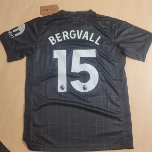 Tottenham Hotspur Bergvall #15 Nike tröja - Snygg svart Tottenham Hotspur tröja med Bergvall och nummer 15 på ryggen. Tröjan har korta ärmar, broderat klubbmärke, AIA som sponsor på bröstet och Kraken-logga på ärmen. Materialet är lätt och andas, perfekt för fotboll. Diskret rutmönster över hela tröjan.