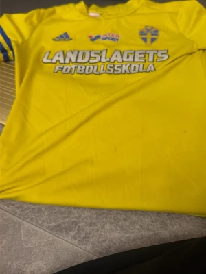 Gul Landslagets fotbollsskola tröja - Gul t-shirt från Adidas med trycket 'Landslagets Fotbollsskola' och svenska landslagets logga på bröstet. Blå detaljer på ärmarna och Adidas-logga på framsidan. Perfekt för dig som älskar fotboll och vill ha en sportig look.