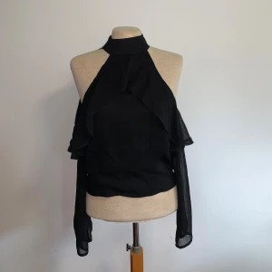 Svart volangblus från Lucca - Supersnygg svart blus från Lucca med volangdetaljer och hög hals. Blusen har långa, transparenta ärmar och dragkedja i ryggen. Perfekt för dig som vill sticka ut med en cool och elegant look. 