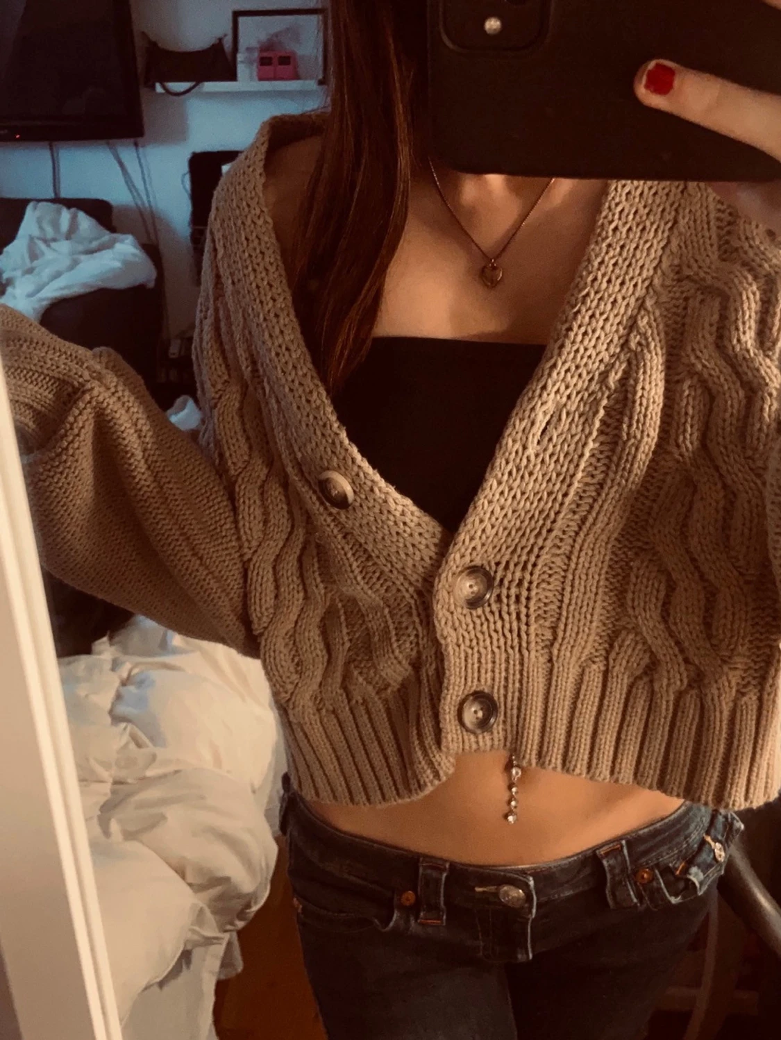 Beige/brun croppad stickad kofta - 1