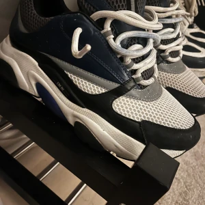 Chunky sneakers i blått och grått - Säljer ett par chunky sneakers med vit, grå och marinblå mesh och skinnpaneler. Skorna har kraftig vit sula med svarta och blå detaljer samt vita snören. Perfekta för dig som gillar statement-sneakers med sportig vibe.