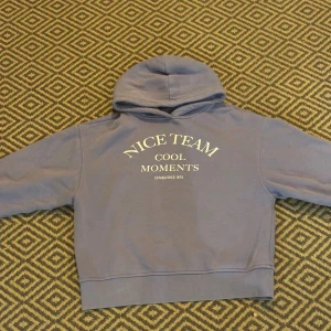 Ljuslila hoodie med tryck - Säljer en lila/blåa hoodie med texten 'NICE TEAM COOL MOMENTS' tryckt på bröstet. Tröjan har huva och breda muddar vid ärmslut och nederkant. Perfekt för dig som gillar en avslappnad och cool stil.