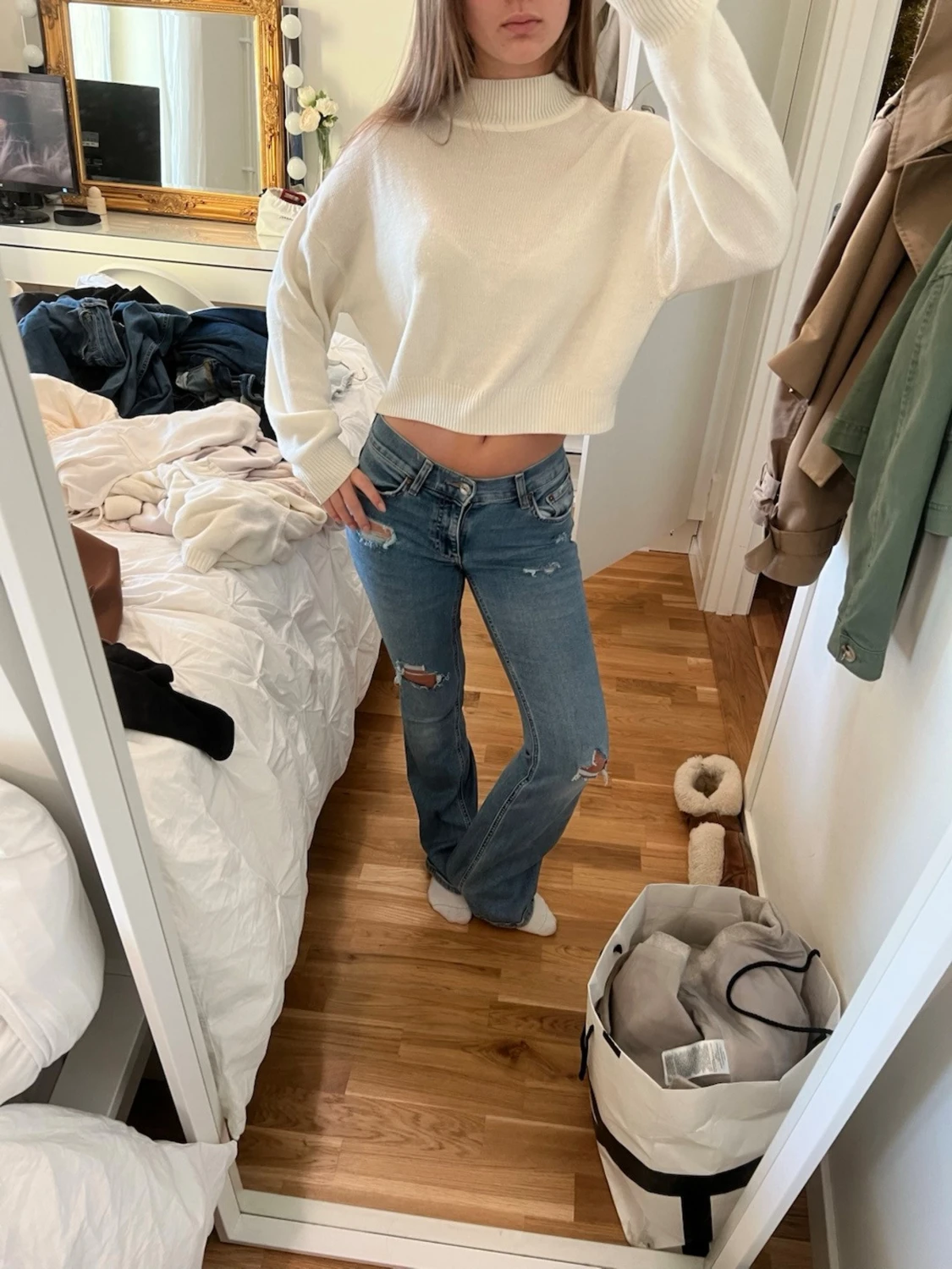 Vit croppad stickad polotröja - 3