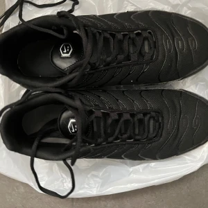 Nike tn svarta sneakers - Svarta Nike Air Max sneakers med mesh och syntetdetaljer, ikonisk vågig design och synlig luftdämpning i sulan. Skorna har snörning och diskret Nike-logga på sidan. Perfekta för dig som gillar streetstyle och sportig vibe.