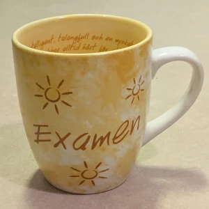 Examen Mugg - Gul mugg med texten 'Examen' och solmotiv. Inuti finns en inspirerande text på svenska. Muggen är i fint skick utan synliga sprickor eller nagg. Perfekt som present vid examen eller som minne av en viktig prestation.