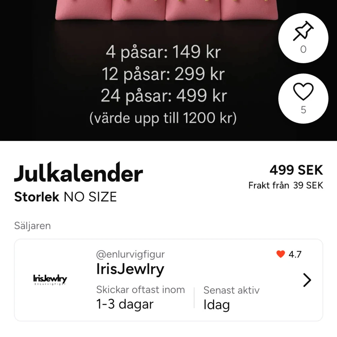 Smyckesjulkalender med 24 påsar