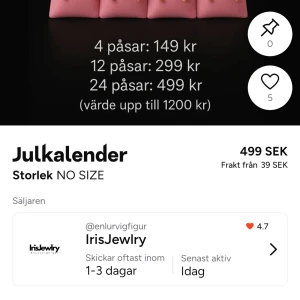 Smyckesjulkalender med 24 påsar - Hej, jag säljer denna smyckes jul kalender då jag råka köpa dubbla. Pris kan diskuteras men smyckena i kalendern är helt oanvända❤️Det är 24 påsar med olika sorters smycken❤️smyckena i är guld❤️