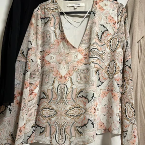 Mönstrad blus med v-ringning KappAhl - Säljer en snygg blus från KappAhl med v-ringning och lång ärm. Blusen har ett detaljerat paisley-inspirerat mönster i ljusa toner av rosa, beige, grått och vitt. Luftigt material som känns skönt mot huden och passar perfekt till jeans eller kjol.