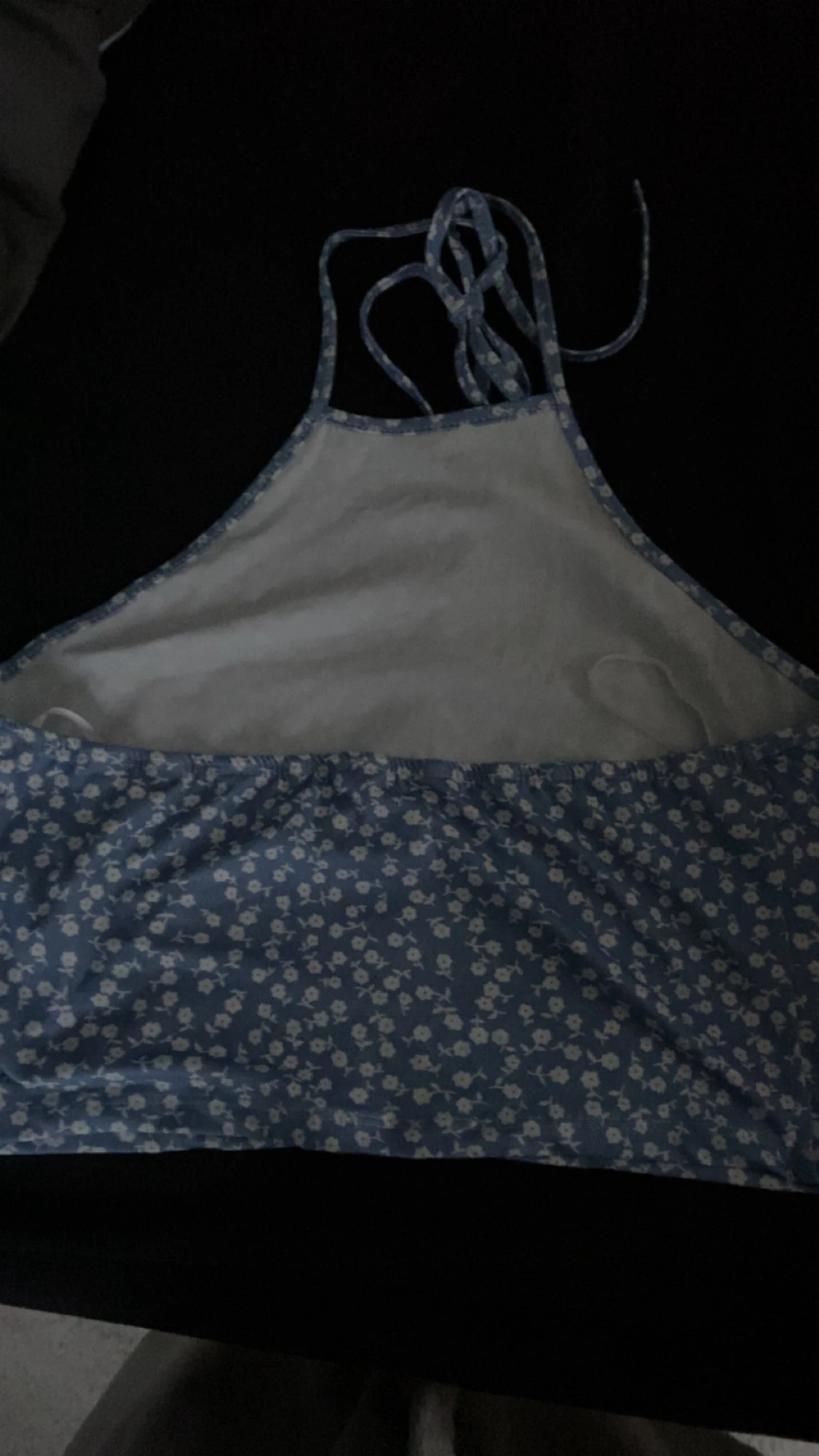 Blommig blå linnetopp med knytband - 1