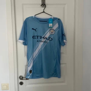 Manchester City Puma fotbollströja L - Säljer en ljusblå Manchester City matchtröja från Puma i storlek L. Tröjan har vita och mörkblå detaljer, klubbmärke på bröstet, sponsortryck och spelarnamn Reijnders med nummer 4 på ryggen. Tillverkad i lätt och ventilerande material, perfekt för fotbollsträning.