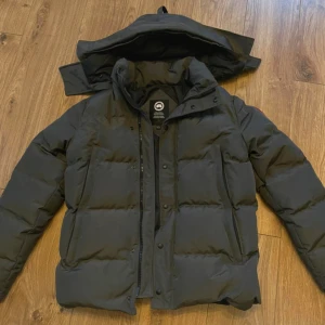 Grå dunjacka från Canada Goose - Säljer en grå dunjacka från Canada Goose i storlek L. Jackan har en klassisk pufferstil med avtagbar huva, dragkedja och knappar framtill samt två stora fickor. Perfekt för kalla dagar och riktigt snygg med den ikoniska loggan på ärmen.