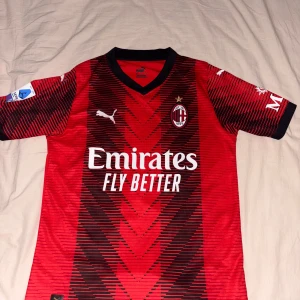 AC Milan fotbollströja Rafa Leão #10 - Säljer en officiell AC Milan matchtröja från Puma med Rafa Leão och nummer 10 på ryggen. Tröjan är röd med svarta grafiska mönster, korta ärmar och svart krage. Materialet är lätt och andas, perfekt för fotboll eller att representera ditt favoritlag.