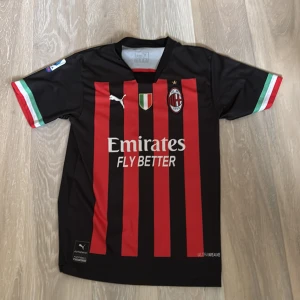 AC Milan Ibrahimović matchtröja Puma - AC Milan fotbollströja med Ibrahimović och nummer 11 på ryggen. Svart och röd med klassiska ränder, korta ärmar med italienska flaggans färger på mudden. Puma-logga, klubbmärke och sponsortryck på bröstet. Tillverkad i lätt funktionsmaterial.