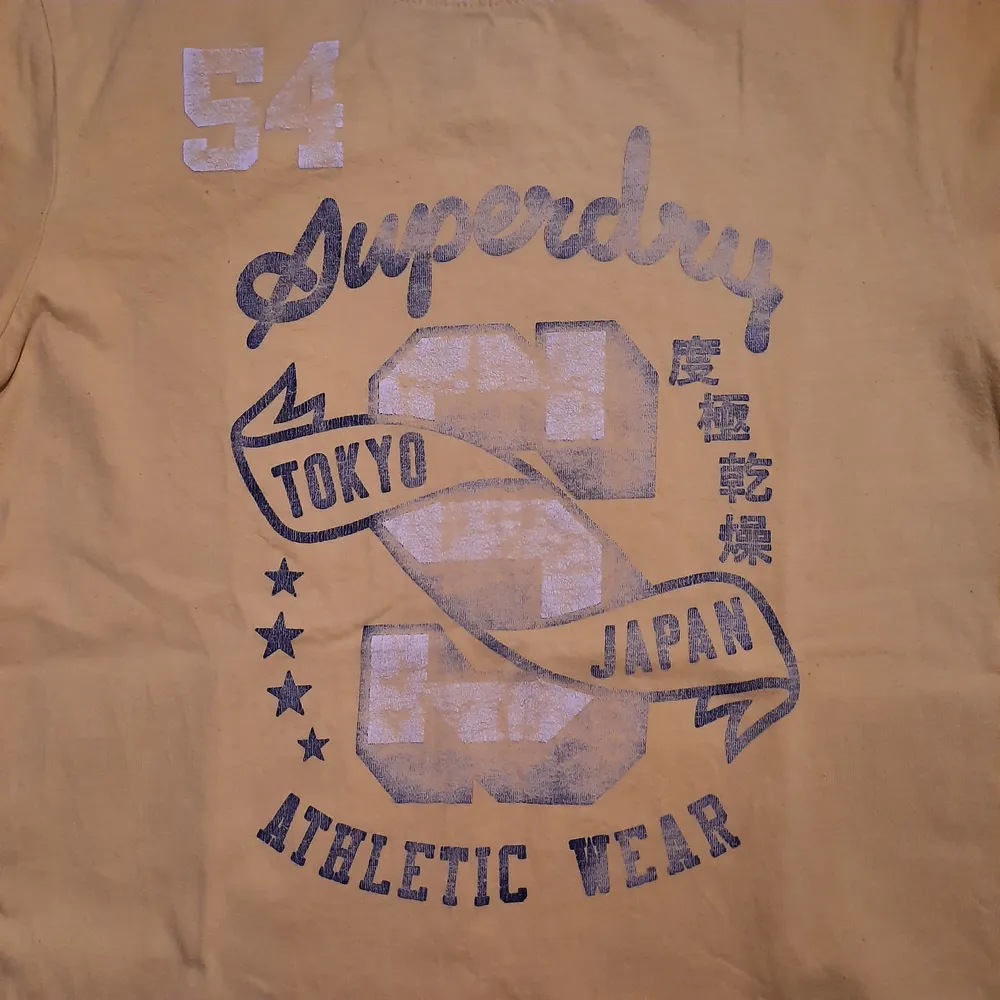 Superdry tshirt i tjock bomull med urtrvättat tryck på. Osäker på om det är damstorlek men den är märkt strl S och längden är ca. 70cm. Kan hämtas i Hammarby Sjöstad, annars står köpare för frakten :). T-shirts.