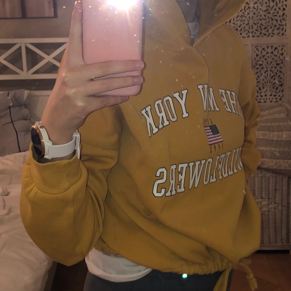 Senapsgul hoodie med resår  - 90