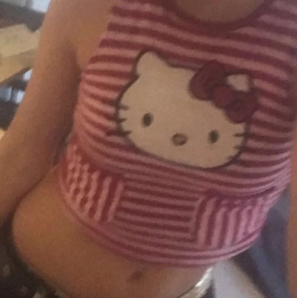 Jätte gullig vit/rosa randig hello kitty topp. Köpt på second hand men i bra skick och inga skador. När jag köpte den var den långärmad så jag klippte av till ett linne men det är inget man stör sig på. kan mötas i sthlm eller posta!. Toppar.