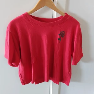 Hollister topp - Röd Hollister topp med en ros på vänstra bröstet. Den är mer mörkröd än vad som syns på bilden, lyckades inte få till ett bra ljus som gav färgen rättvisa. 