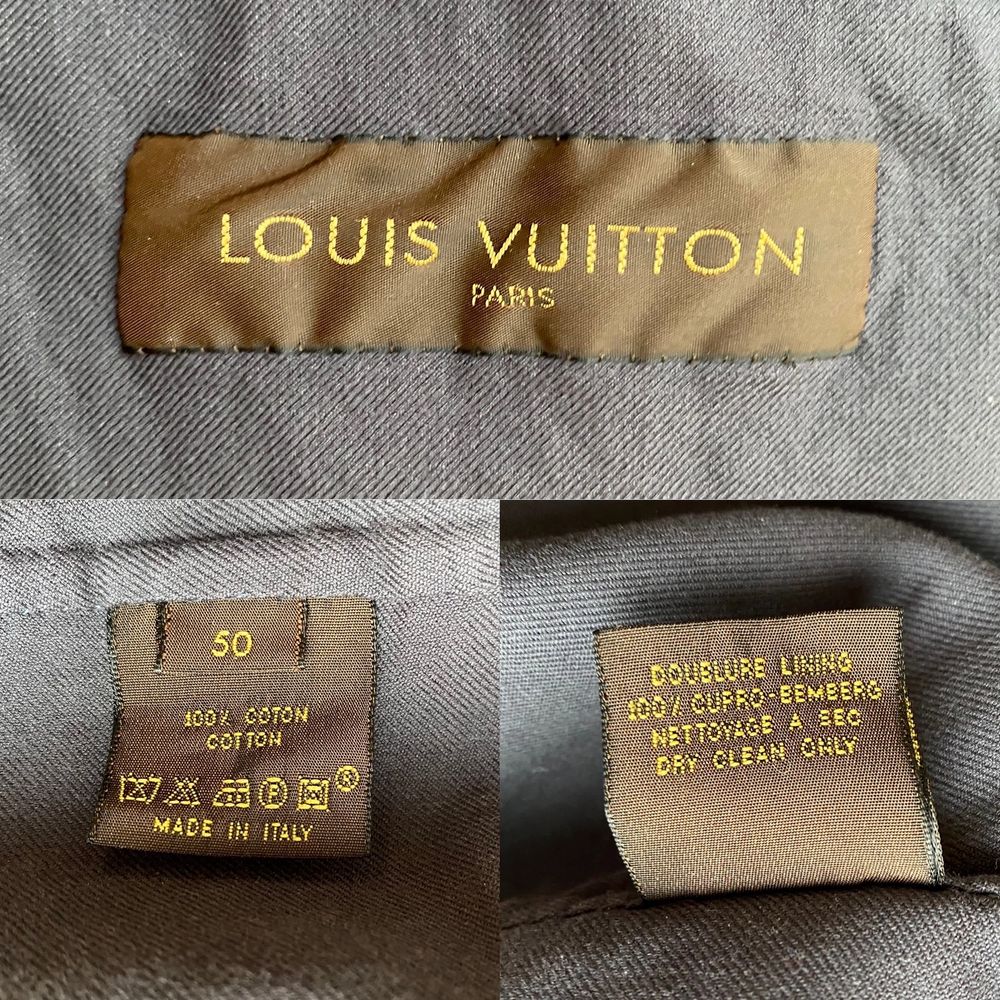 Äkta LV kostym set i fint skick, har tvättats några gånger på kemtvätt, vissa av lapparna från kemtvätt finns kvar. Made in Italy, 100% cotton. Är egentligen för män, men passar även kvinnor. Modellen använder vanligtvis storlek S och är 169cm. Jackan är i storlek 50 och kostymbyxorna i storlek 52. Kan skicka mer bilder vid intresse! Har tyvärr inget äktehetsintyg eller kvitto då den köptes för länge sen. Kostymen postas från Paris, så frakt kan ta lite längre än vanligt. Kan betalas via SafePay annars så tar jag Swish! . Kostymer.