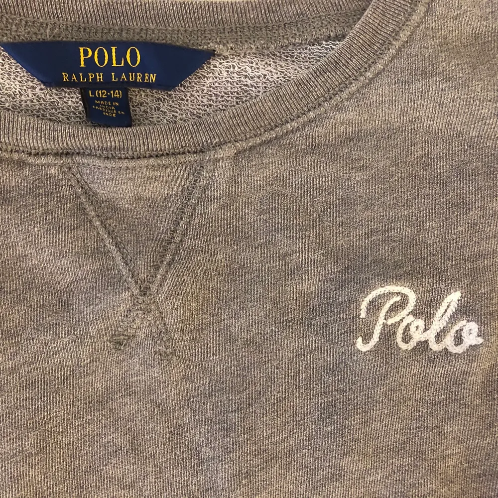 En grå Polo Ralph Lauren tröja som inte är i särskilt tjock material. Luftig och passar perfekt för kallare sommarkvällar. På bröstet står det Polo och på högra armen Champs. Inköpt på Nk för 899kr. Säljer den då den blivit för liten för mig.. Tröjor & Koftor.