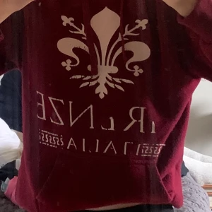 Hoodie med ”slitet” tryck - Plagget är vinrött i storlek xs/s. Hoodien är köpt i Italien på en affär som heter ”infinity”. Trycket på den ska vara lite slitet med symboler. 