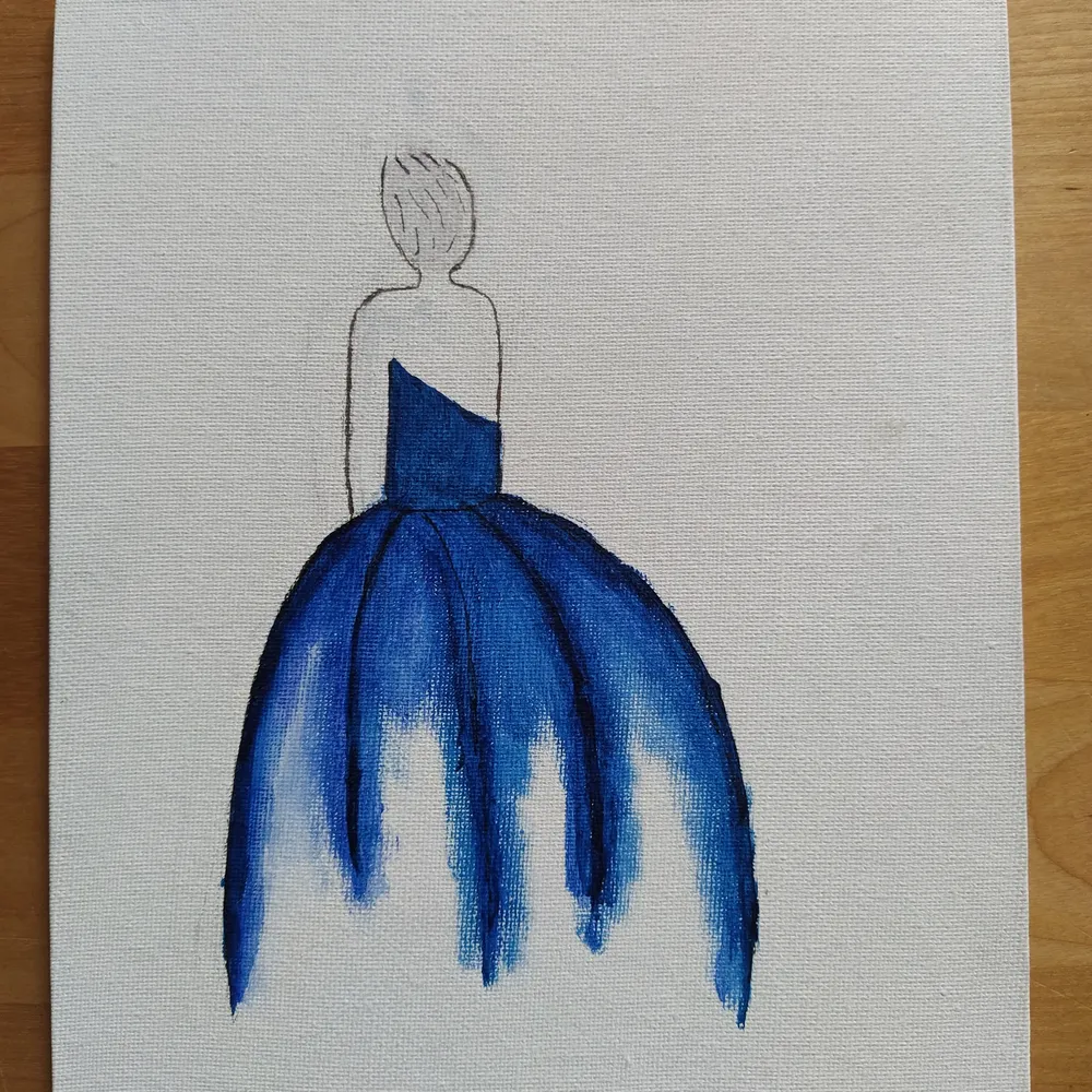En tavla av en person med blå klänning. Övrigt.
