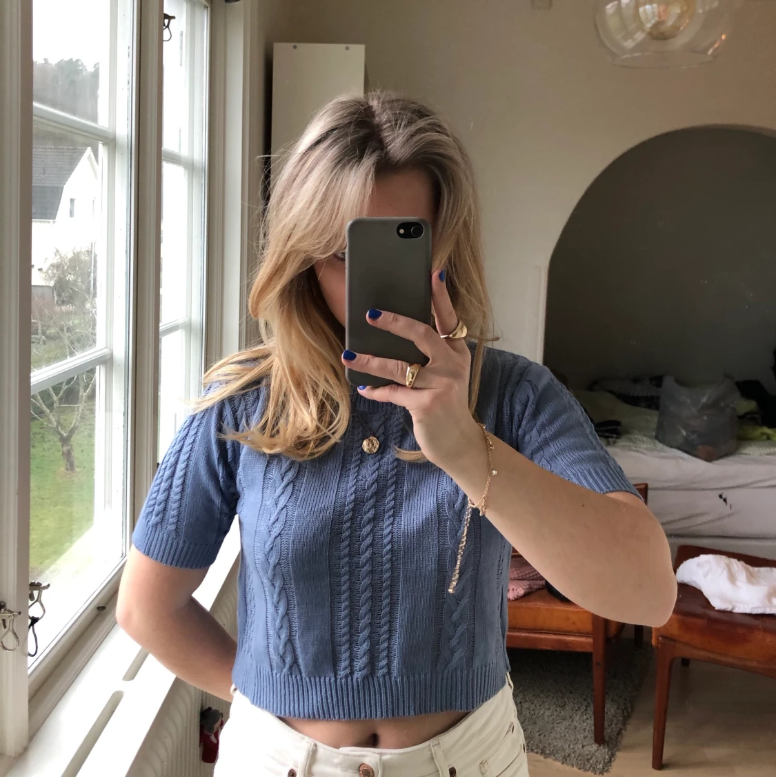 Ljusblå stickad topp - 90