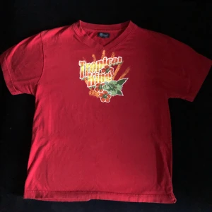 Tshirt med tryck - Röd tshirt med färgglatt tryck och v-ringning. Slitage i trycket förekommer men annars bra skick. 