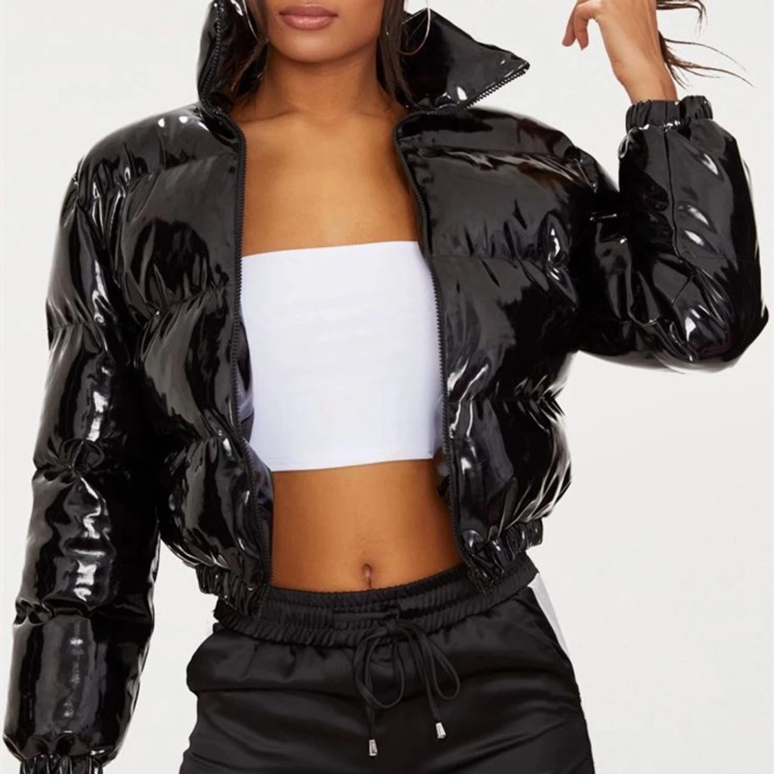 Black cropped vinyl Puffer Jacket-PLT - 90