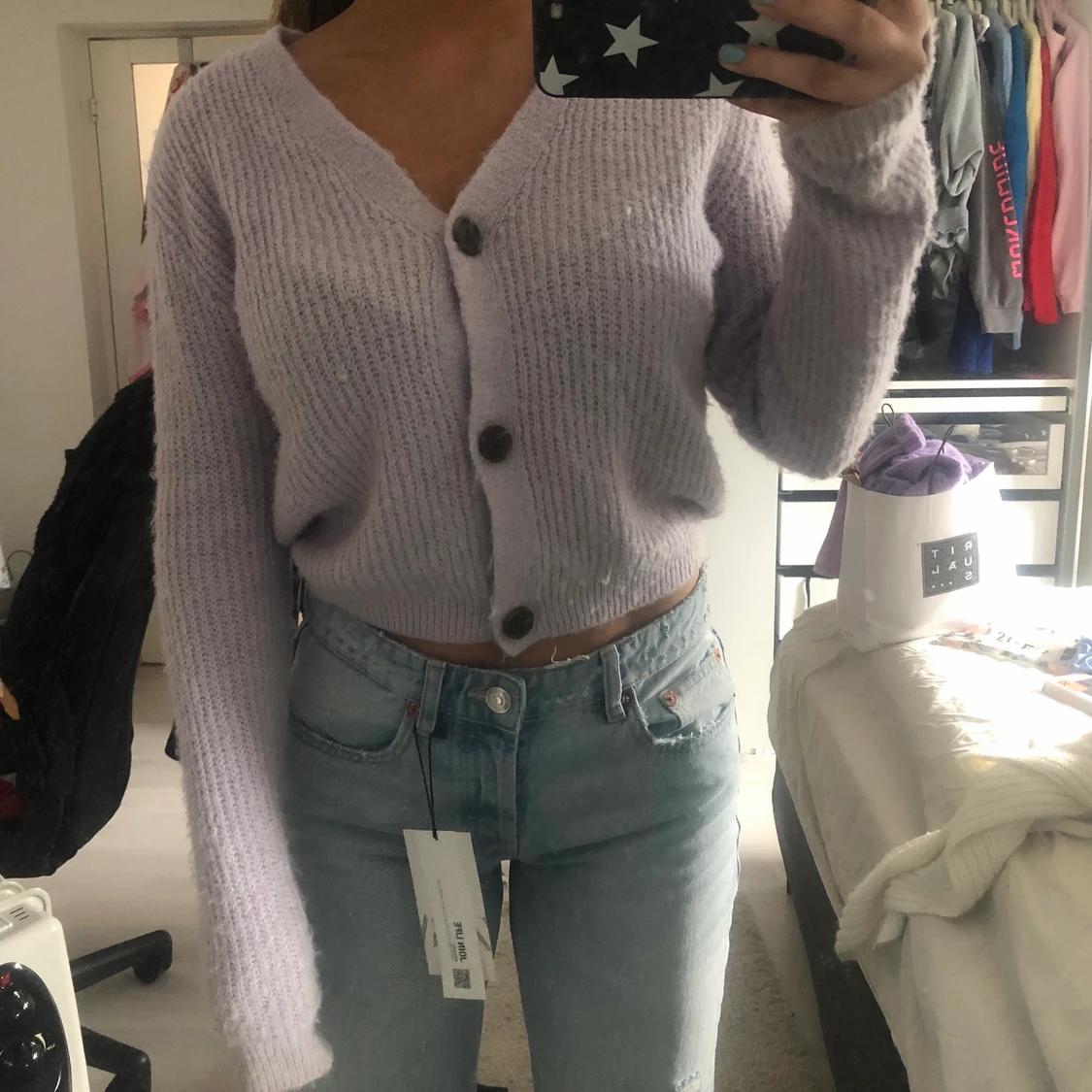 Lila stickad kofta med knappar från h&m