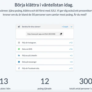 JULI early access - Säljer nu min plats i kön till JULI-appens early access väntlista. Dom har fått 300 sign-ups på två dagar och min plats är en garantiplats. www.juli-app.com