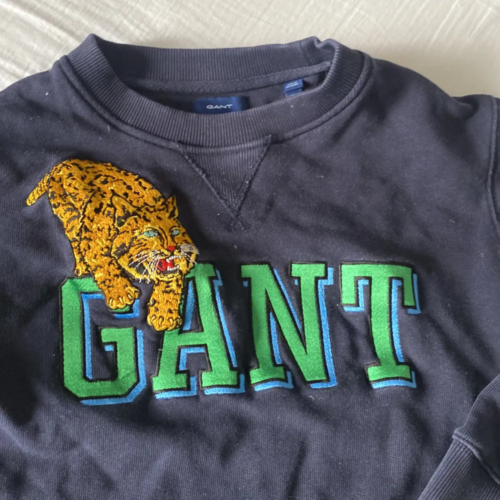 Mörkblå gant tröja, med text i mitten som är grön, och en tiger uppe vid texten . Tröjor & Koftor.