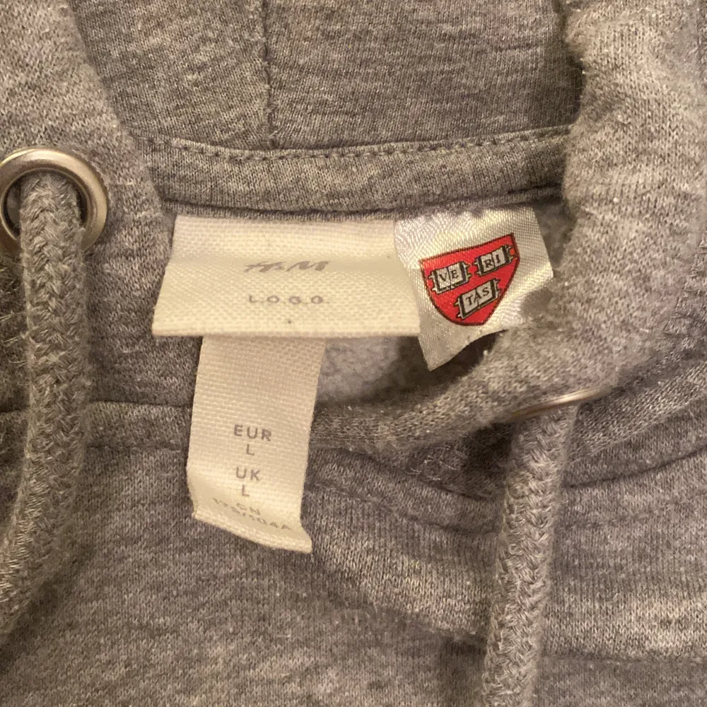 Snygg grå hoodie, storlek L men passar M  Fint skick förutom två små märken en på fickan fram som knappt synns och nått streck på ärmen . Hoodies.