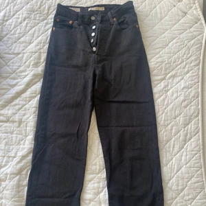 Straight Ribcage Levi’s Jeans - Supersnygga raka svarta jeans från Levis’s! Använt en del, men måste nu sälja eftersom jag inte passar dem längre. Har glömt storleken på längden, men går ungefär till anklarna på mig som är 167 cm. Storlek i midjan är w25.