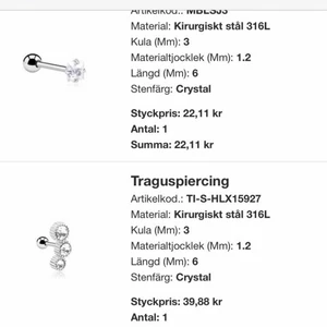 Helix piercing / örhängen  - Säljer lite helix smycken, pga felköp. Jag märkte ganska snabbt att de var för småa på mig då jag fortfarande är ganska svullen i läkningsprocessen. De är helt oanvända.  Jag har inte ens tagit ut dom från sina plastförpackningar. Jag såg direkt att de inte passade mig därav säljes de. De är i topp nyskick !! 130kr vill jag ha för allihopa på bilderna , då är frakten inkluderad.  Skickas med frimärke, men kan skickas spårbart mot självkostnad. Filmar alltid vid posten så inget bedrägeri om att paketet inte har kommit fram tack!! 💘 millimeter står på bilderna