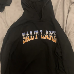 Saint Lake hoodie - Svart huvtröja med lite vitt och orange. Mid sized Hoodie. Svart backsida.