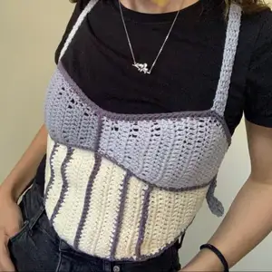 handmade skelton corset. crocheted with 100% soft cotton yarn. one-of-a-kind. a perfect piece for all seasons, with cute details. multicolored, mostly gray/cream/purple. the lace-up back makes it easily adjustable for different sizes. 💜