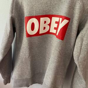 En grå hoodie med ”OBEY” stort skrivet i fram med röd bakgrund. L i barnstorlek, pris och frakt kan diskuteras!💕 