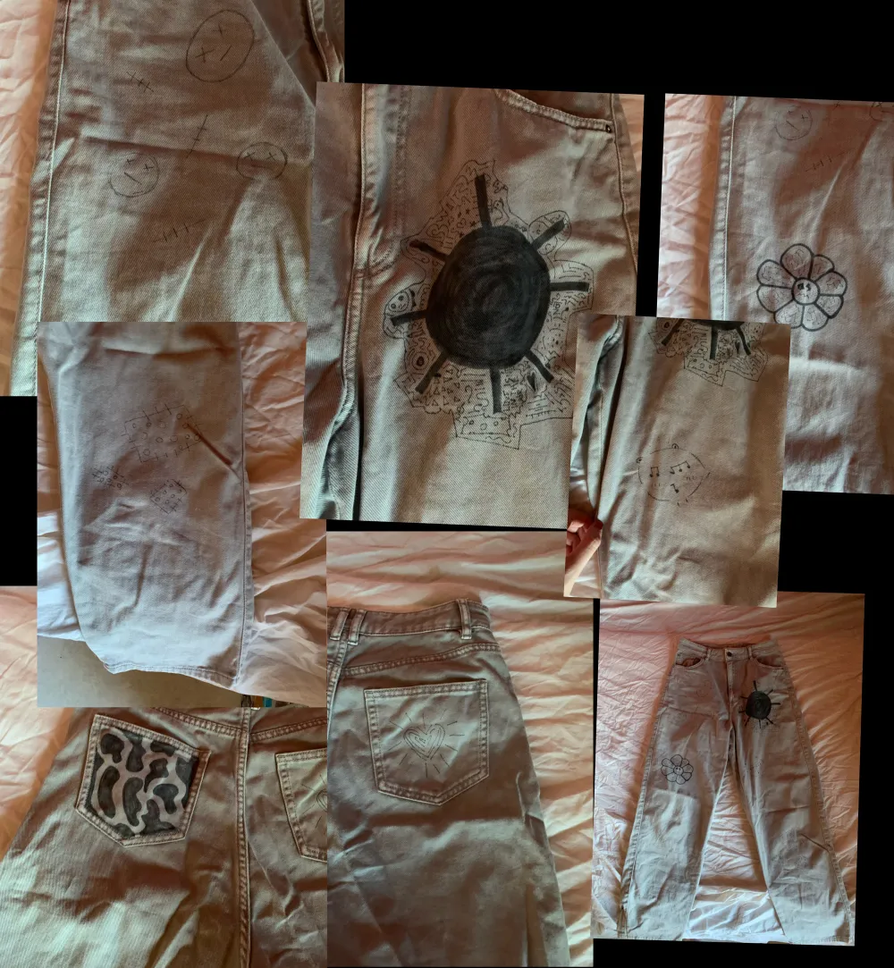 Byxor som jag har målat på med textil penna. Köpta från hm, bra skick. På sista bilden ser man allt som jag har ritat på dem.. Jeans & Byxor.
