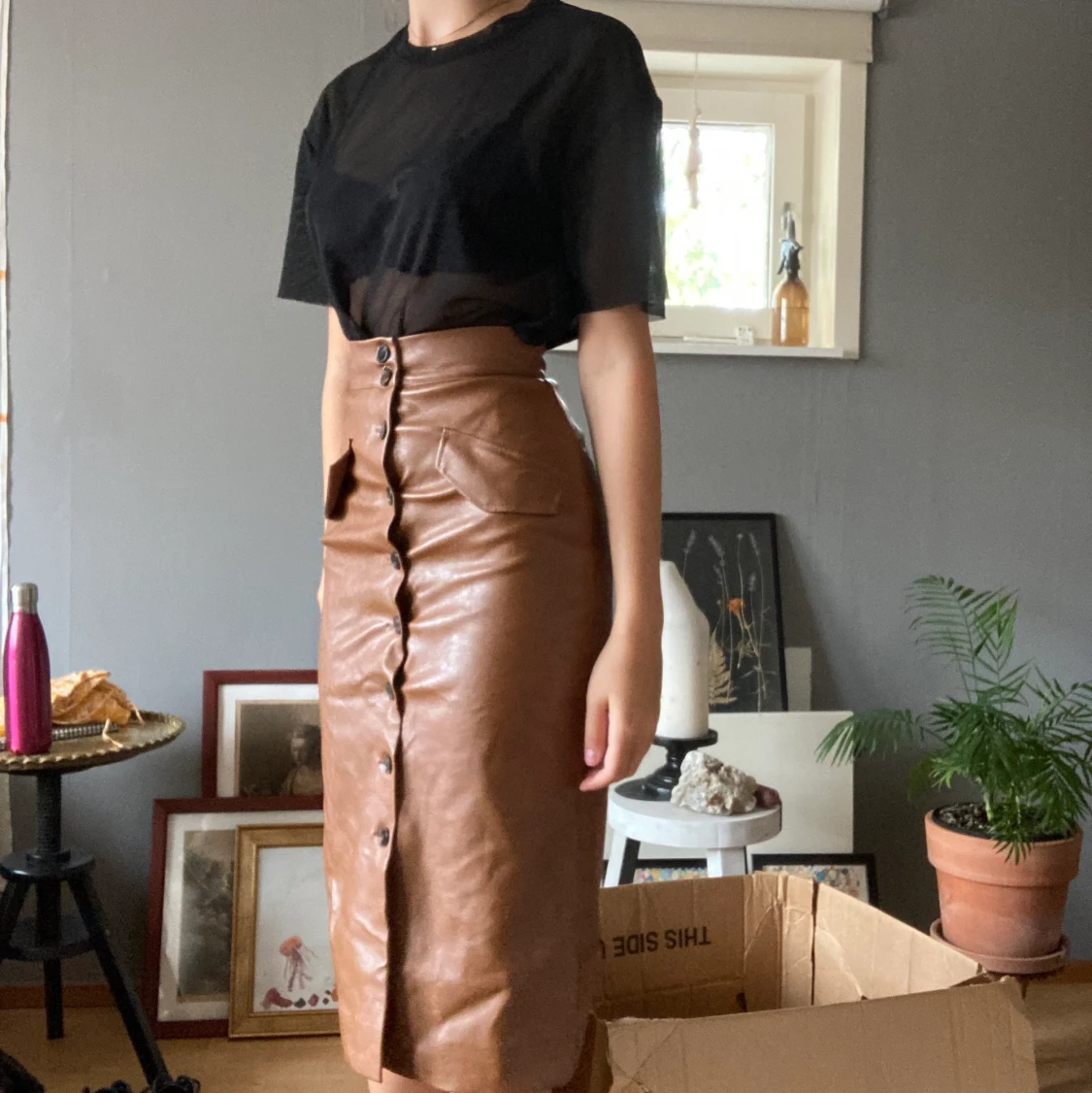 Midi kjol brun skinn